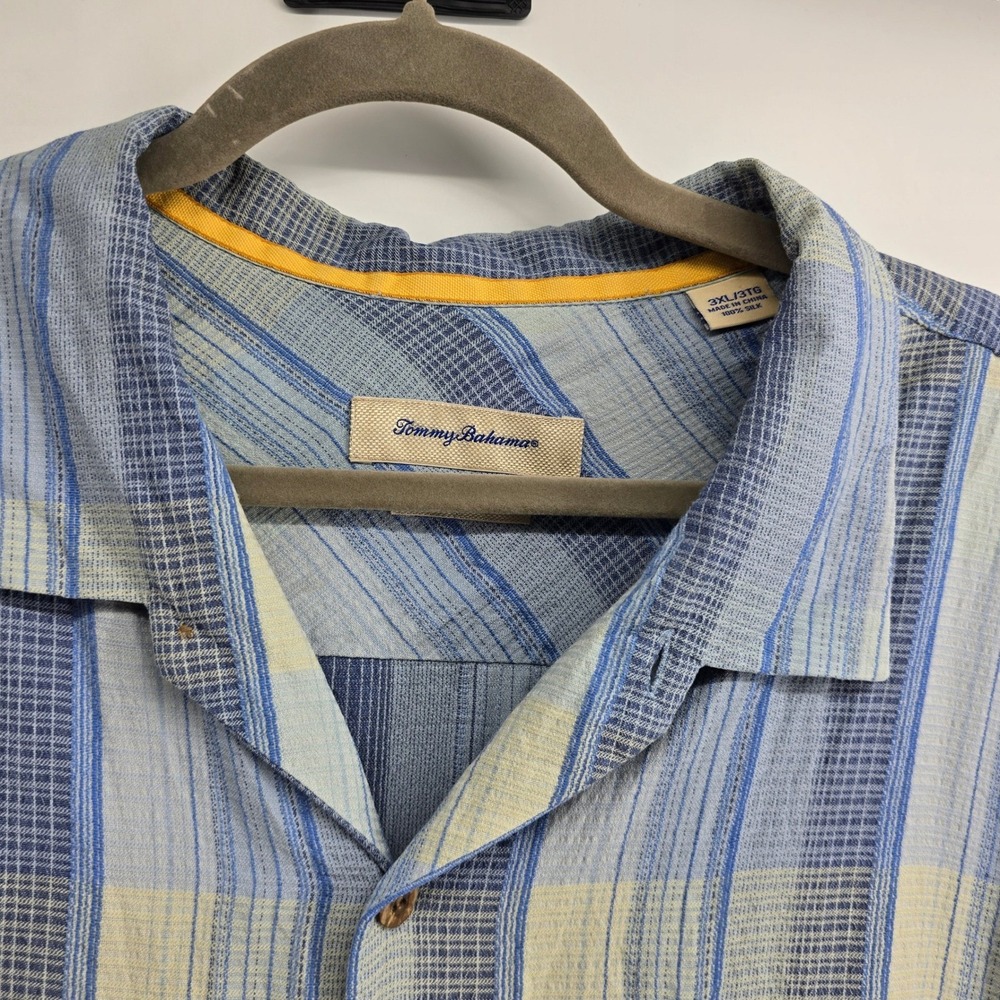 Tommy Bahama Mens 3XL Blue Plaid Silk Short Sleeve Original Fit Camp Shirt